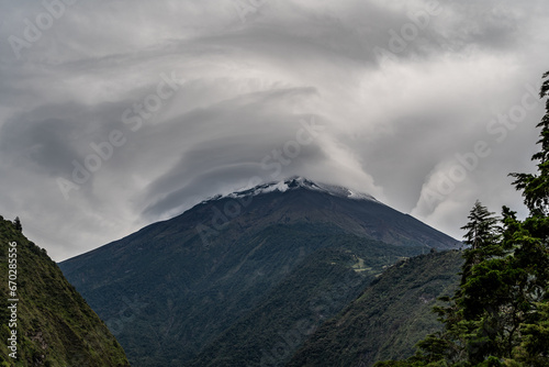 Beautiful view of the volcanoes in the city of Banos, Ecuador. Amazing sunset.