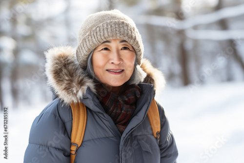 A senior asian woman is posing in front of the camera happily with a winter coat and a winter hat in a in snow covered forest during day in winter while snowing