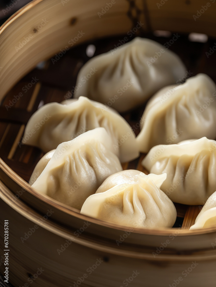 Chinese steamed dumplings in a bamboo steamer. Traditional asian food appetizer closeup Chinese steamed dumplings in a bamboo steamer. Traditional asian food appetizer closeup