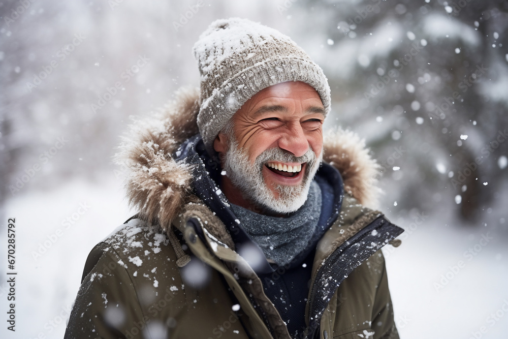 A senior latin male is playing happily with the snow with in a winter coat with a winter hat in a in snow covered forest during day in winter while snowing