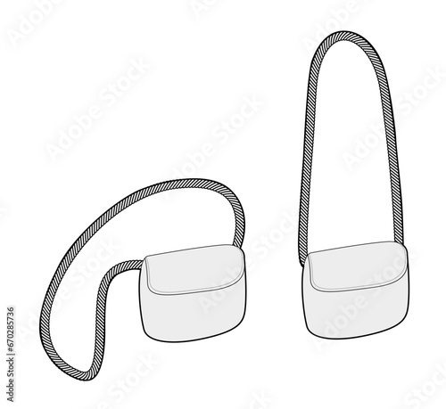 Saddle bag crossbody silhouette with rope handle. Fashion accessory technical illustration. Vector satchel front 3-4 view for Men, women, unisex style, flat handbag CAD mockup sketch outline isolated