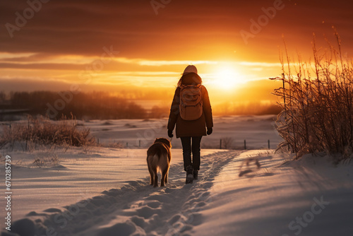 A young caucasian woman is walking happily with the dog with a winter coat and winter hat in a in snow covered country landscape during sunset in winter while snowing photo