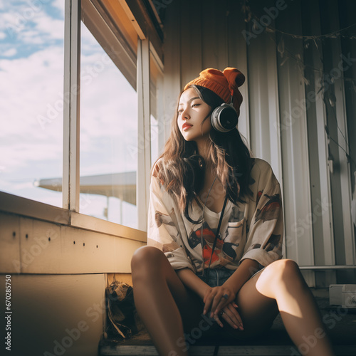 woman wearing headphones and listening to music in her apartement