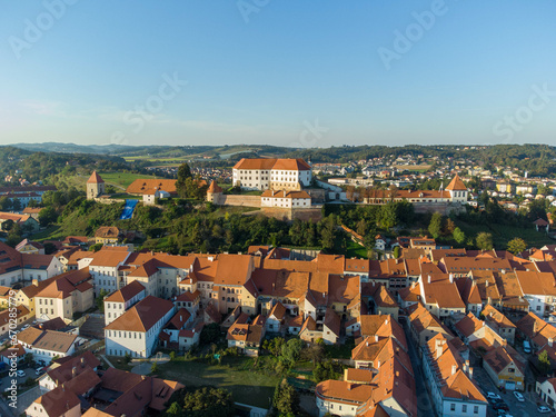 Ptuj in Slovenia, panoramic view with river Drava in foreground.