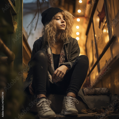 portrait of a woman sitting in the streets