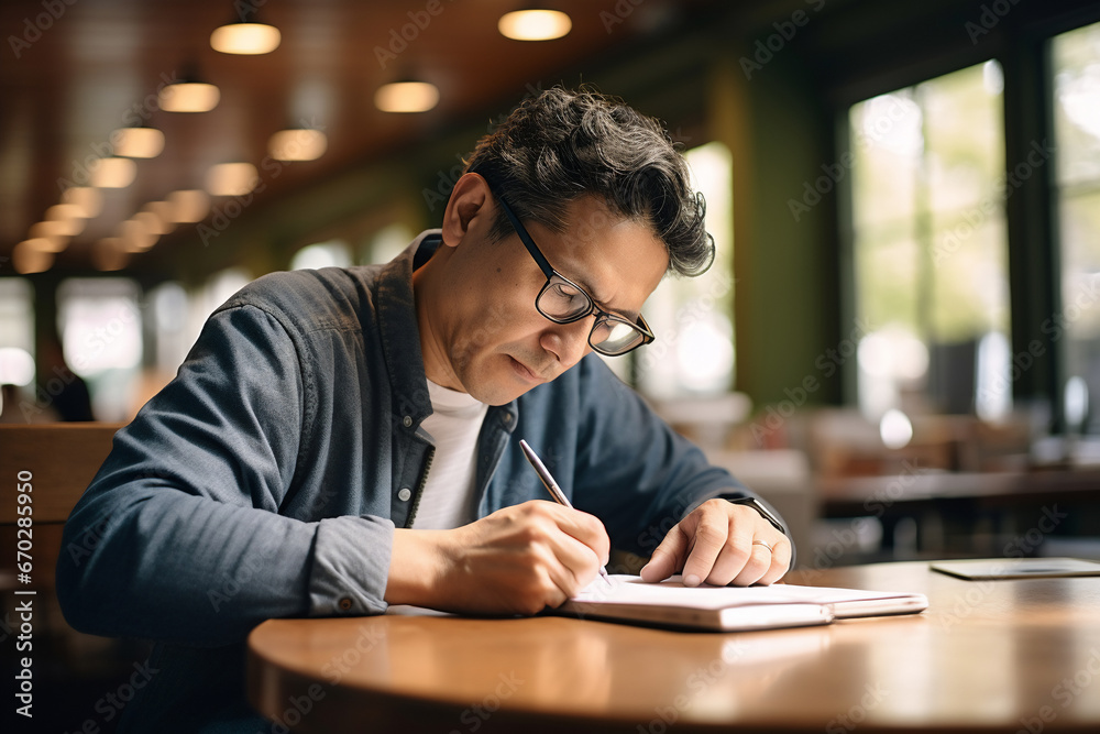 A senior male asian student is studying while wearing glasses with an tablet in a busy school library on a table while writing on a notebook A senior male asian student is studying while wearing glasses with an tablet in a busy school library on a table while writing on a notebook