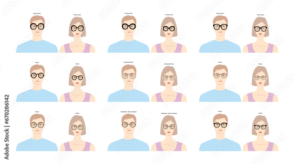 Set of Round frame glasses on women and men flat character fashion accessory illustration. Sunglass front view silhouette style, flat rim eyeglasses with lens sketch style outline isolated on white Set of Round frame glasses on women and men flat character fashion accessory illustration. Sunglass front view silhouette style, flat rim eyeglasses with lens sketch style outline isolated on white
