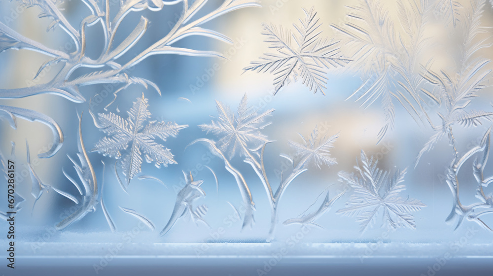 Winter frost on glass with small decorations on or behind the window Winter frost on glass with small decorations on or behind the window