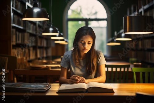A young female latin student is studying concentrated with a book in a quiet and empty school library on a table with a bookcase in the background