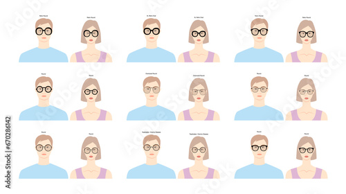 Set of Round frame glasses on women and men flat character fashion accessory illustration. Sunglass front view silhouette style, flat rim eyeglasses with lens sketch style outline isolated on white