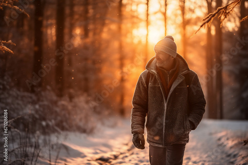 A senior latin male is walking happily with in a winter coat with a winter hat in a in snow covered forest during sunset in winter while snowing