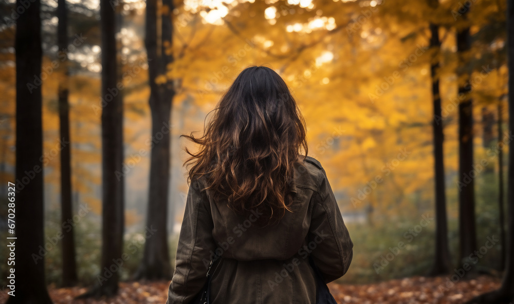 A young latin woman is posing in front of the camera from the front happily with an autumn coat in a forest during sunset in autumn with no leaves on the trees A young latin woman is posing in front of the camera from the front happily with an autumn coat in a forest during sunset in autumn with no leaves on the trees