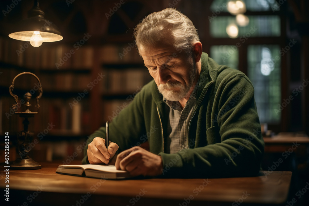 A senior male caucasian student is studying concentrated with an tablet in a quiet and empty school library on a table while writing on a notebook A senior male caucasian student is studying concentrated with an tablet in a quiet and empty school library on a table while writing on a notebook