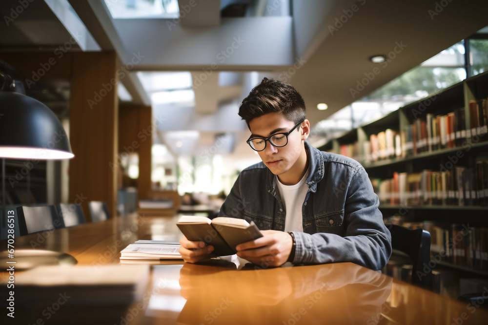 Fototapeta premium A senior male latin student is studying while wearing glasses with an tablet in a quiet and empty school library on a table with a bookcase in the background