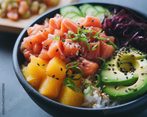 Closeup of a fresh poke bowl with salmon, mango, avocado, cucumber, red radish on white rice. Healthy eating recipe.  photo
