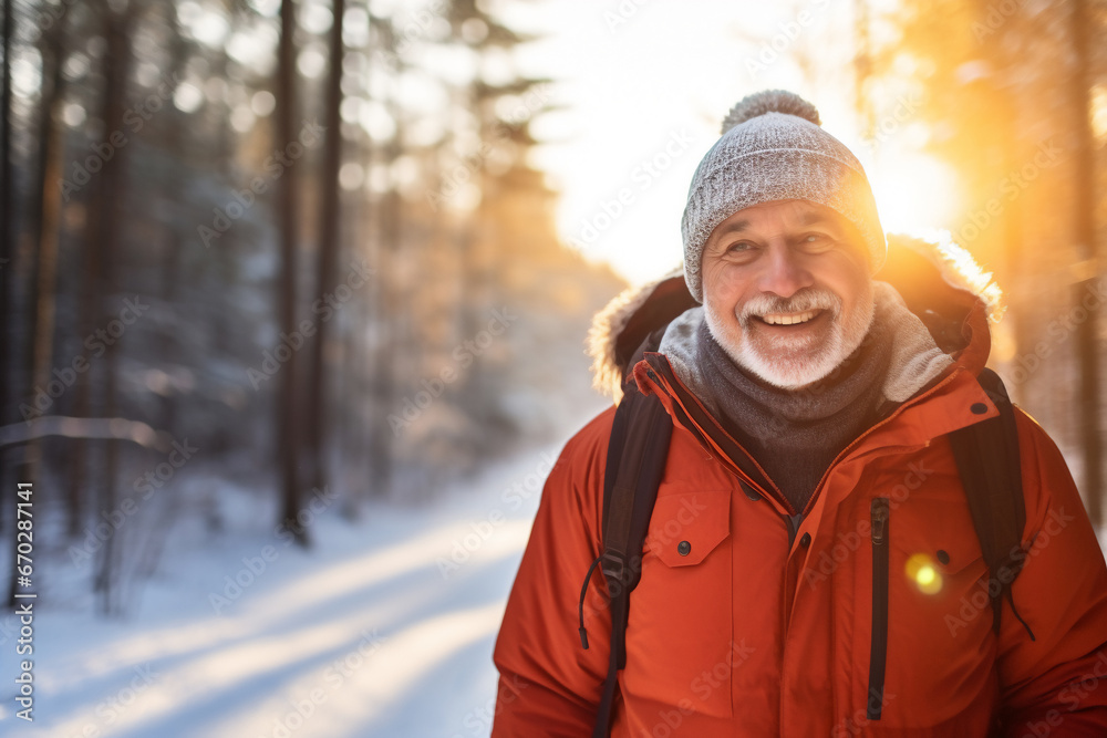 A senior caucasian male is walking happily with in a winter coat with a winter hat in a in snow covered forest during sunset in winter on a bright and sunny day A senior caucasian male is walking happily with in a winter coat with a winter hat in a in snow covered forest during sunset in winter on a bright and sunny day