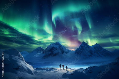 A distant photo of a group of tourist mountaineers and their guide are standing on the top of a mountain with thick coats on a in snow covered mountain hill with northern lights with trails of footste