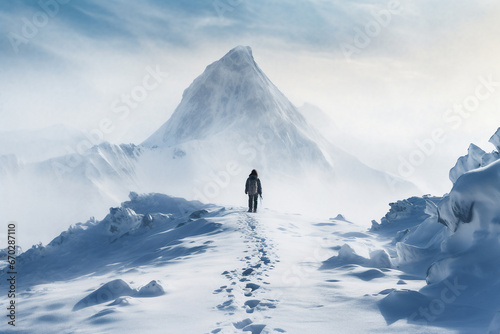 A distant photo of a female mountaineer is standing on the top of a mountain with a thick coat on a in snow covered mountain hill with a trail of footsteps in a snowstorm