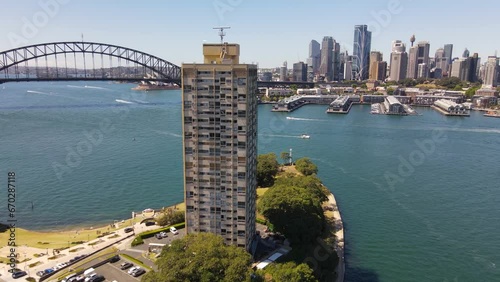 Aerial drone view of McMahons Point on the lower North Shore of Sydney, New South Wales, Australia with Sydney City and Sydney Harbour in the background on a sunny day     photo