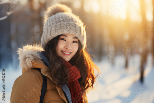 A young asian woman is posing in front of the camera happily with a winter coat and a winter hat in a in snow covered forest during sunset in winter on a bright day