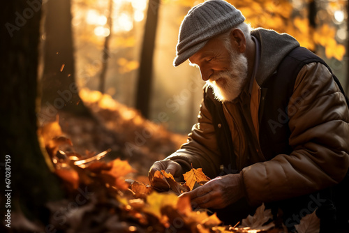 A senior latin man is playing with fallen leaves happily with an autumn coat in a forest during sunset in autumn with no leaves on the trees