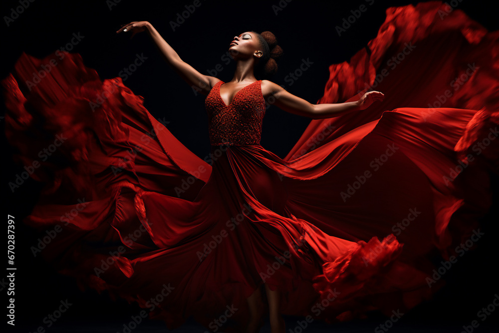 A beautiful stunning african american woman is spreading her arms while wearing a dress with eyes closed with flying waving red fabric with a black background ; a full waving red dress A beautiful stunning african american woman is spreading her arms while wearing a dress with eyes closed with flying waving red fabric with a black background ; a full waving red dress