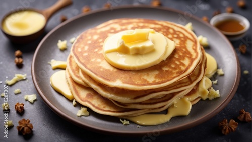 Pancakes with butter and berries, close-up view. Pancake breakfast recipe, generated by AI