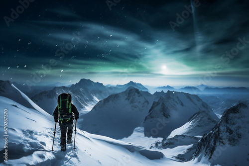 A distant photo of a female mountaineer is hiking to the top of a mountain with walking poles on a in snow covered mountain hill with northern lights with a trail of footsteps