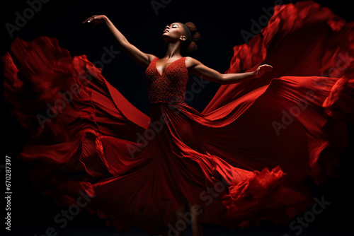 A beautiful stunning african american woman is spreading her arms while wearing a dress with eyes closed with flying waving red fabric with a black background ; a full waving red dress photo