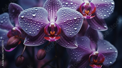 A close-up view of an Orchid Obscura's delicate and mysterious patterns, with dewdrops adorning its petals, rendered in high-resolution