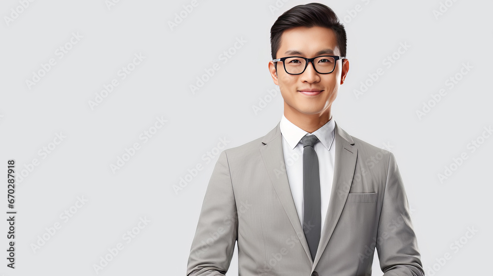 Man in office suite and tie and glasses stands in front of light white background holds notepad or folder with documents, smiles, AI-Generated, copy space,