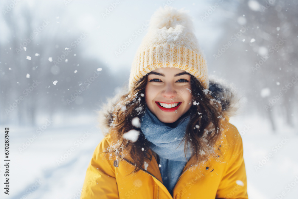 A young caucasian woman is playing in the snow happily with a winter coat and a winter hat in a in snow covered country landscape during day in winter on a bright day A young caucasian woman is playing in the snow happily with a winter coat and a winter hat in a in snow covered country landscape during day in winter on a bright day