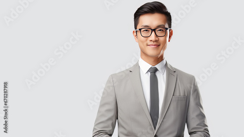Man in office suite and tie and glasses stands in front of light white background holds notepad or folder with documents, smiles, AI-Generated, copy space,