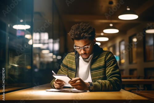 A young male african american student is studying while wearing glasses with an tablet in a quiet and empty school library on a table while writing on a notebook