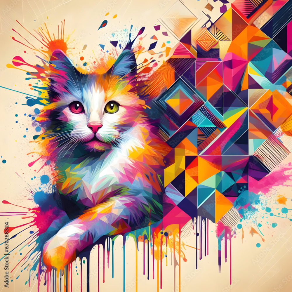 cat colorful splashes of paint, geometric, abstract art, generative AI.