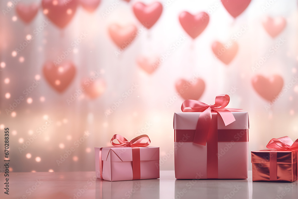pastel blurred background or greeting card for valentine's day with pink heart-shaped balloons and gifts