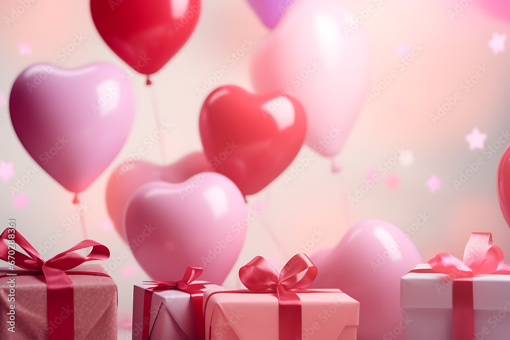 pastel blurred background or greeting card for valentine's day with pink heart-shaped balloons and gifts
