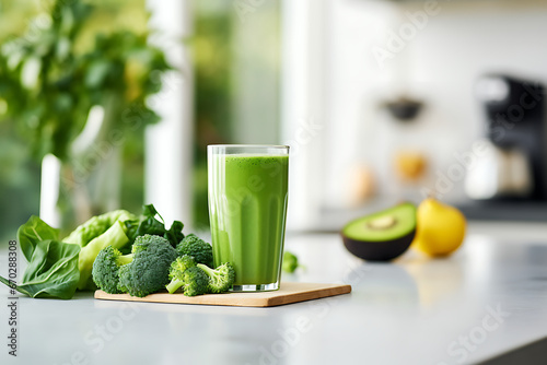 broccoli smoothie on the kitchen table, diet, detox and cleansing the body in the morning