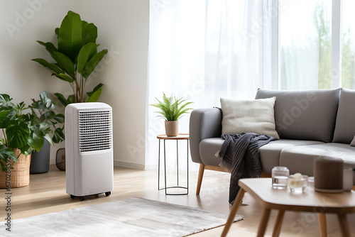 dehumidifier in a bright living room among a sofa and green houseplants, control of temperature and climate in the apartment