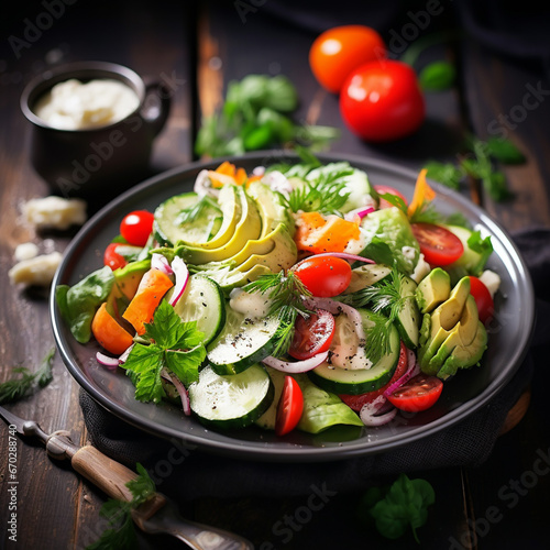 vegetable vegetarian salad with fresh vegetables, tomatoes and cucumbers