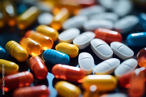 close-up of different medications and pills, medical pattern or background