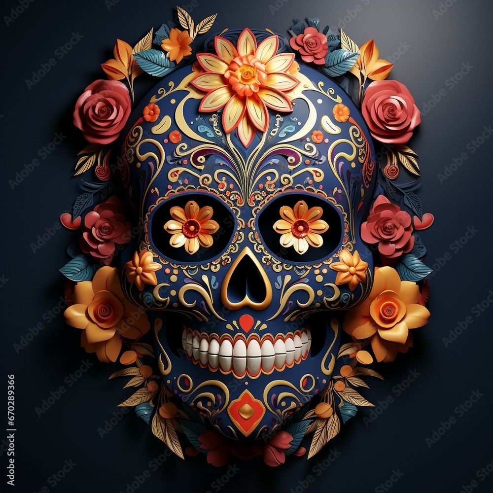 dark blue skull in theme of Dias de Las Muertes (Day of The Dead), colourful roses and flowers in and around the skull, dark background, celebration mascotte