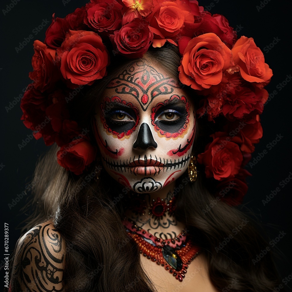 beautiful lady with a powerful look looking to the camera, hair and make up in theme of Dias de Las Muertes (Day of The Dead), red roses in her curly hairs, dark colours beautiful lady with a powerful look looking to the camera, hair and make up in theme of Dias de Las Muertes (Day of The Dead), red roses in her curly hairs, dark colours