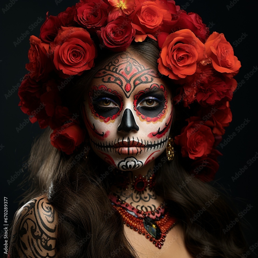 beautiful lady with a powerful look looking to the camera, hair and make up in theme of Dias de Las Muertes (Day of The Dead), red roses in her curly hairs, dark colours