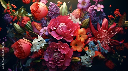 A colorful bouquet featuring Ruby Rhubarb flowers and other vibrant blooms.