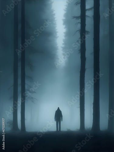 Vague ominous figure of man standing in dark forest with tall trees surrounding