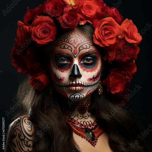 beautiful lady with a powerful look looking to the camera, hair and make up in theme of Dias de Las Muertes (Day of The Dead), red roses in her curly hairs, dark colours