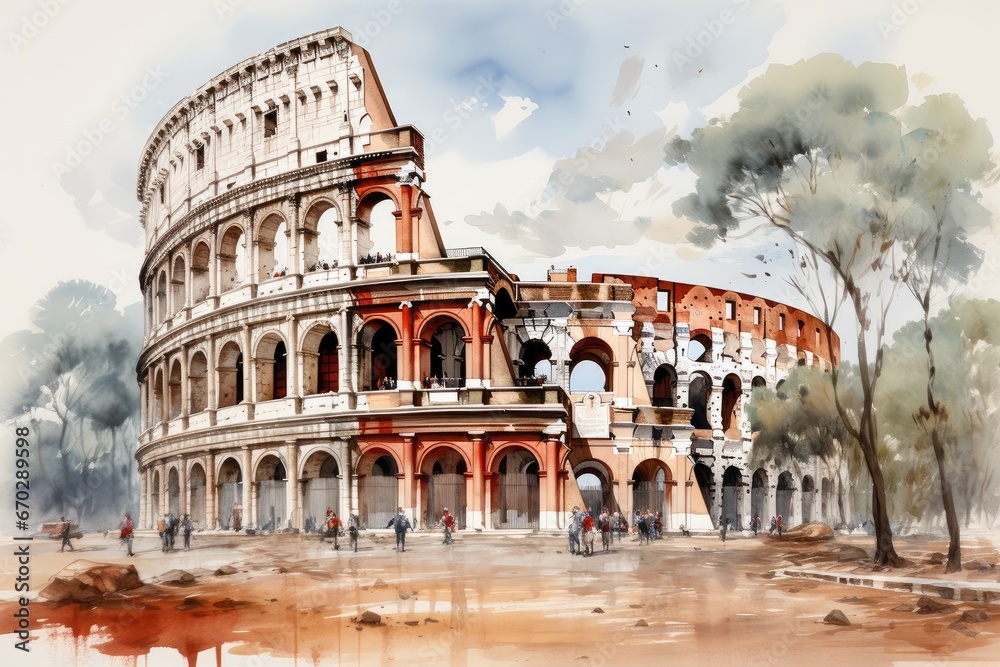 Watercolor Roman Colosseum with paint splatter. Ancient Roman amphitheater. Capital of Italy