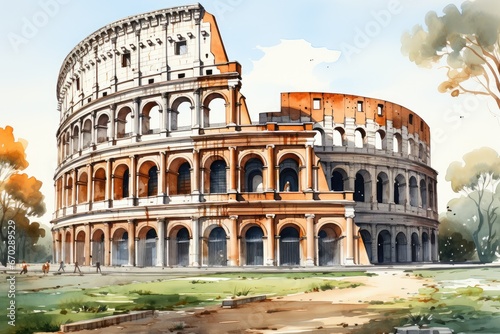Watercolor Roman Colosseum with paint splatter. Ancient Roman amphitheater. Capital of Italy photo