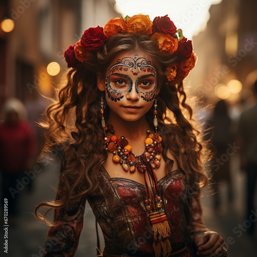 young girl dressed up for Dias de Las Muertes (Day of The Dead) festival with curls and flowers in her hair, smiling to the camera, bright and warm colours, street setting with people celebrating too